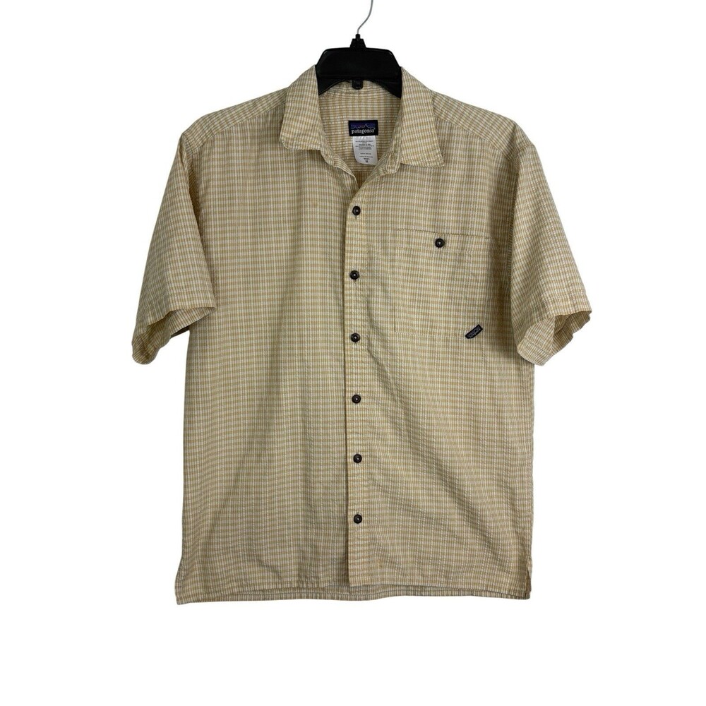 Patagonia Mens Shirt Button Down Size Medium Yellow Plaid Textured Light Wt Flaw